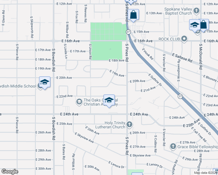 map of restaurants, bars, coffee shops, grocery stores, and more near 12008 East 20th Avenue in Spokane Valley