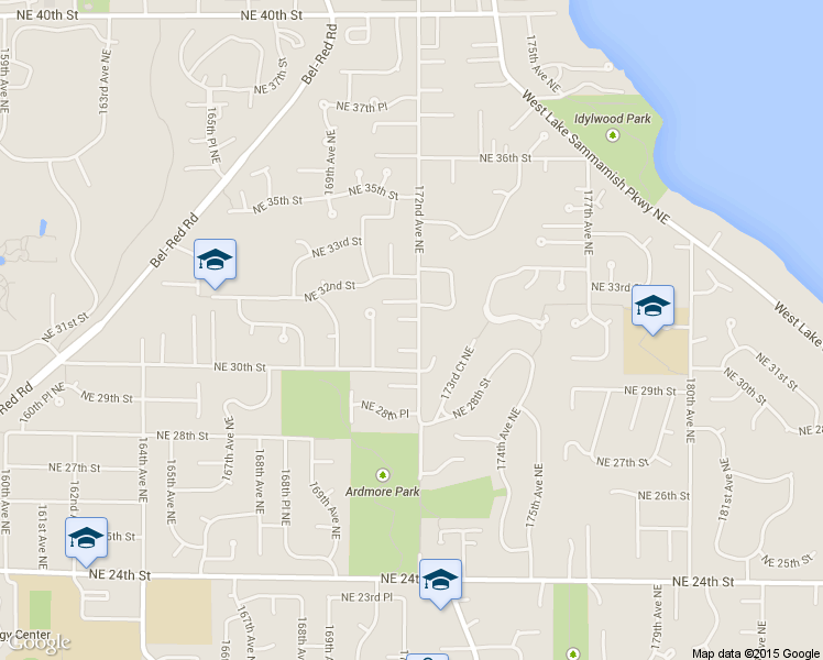 map of restaurants, bars, coffee shops, grocery stores, and more near 17208 Northeast 32nd Street in Redmond