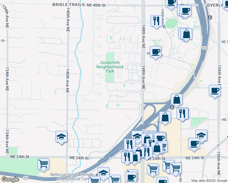 map of restaurants, bars, coffee shops, grocery stores, and more near 14555 Northeast 32nd Street in Bellevue
