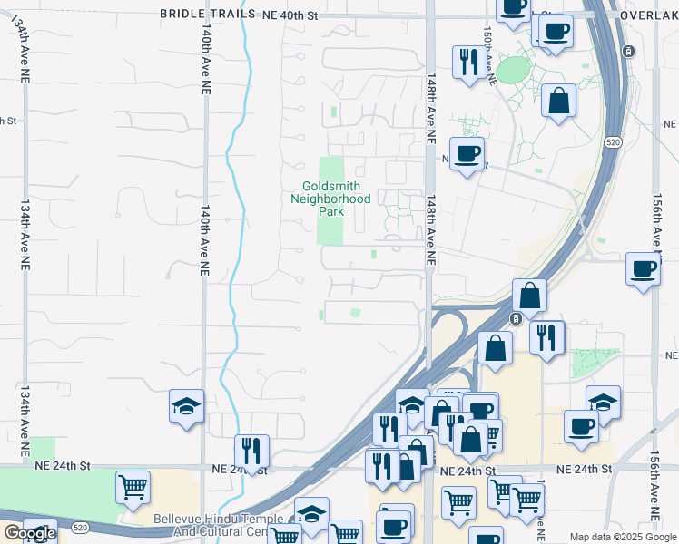 map of restaurants, bars, coffee shops, grocery stores, and more near 14760 Northeast 31st Street in Bellevue