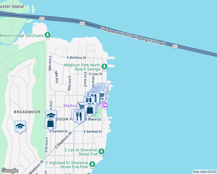 map of restaurants, bars, coffee shops, grocery stores, and more near 2040 43rd Avenue East in Seattle