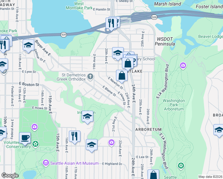 map of restaurants, bars, coffee shops, grocery stores, and more near 2025 East Newton Street in Seattle