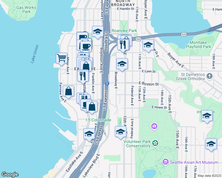 map of restaurants, bars, coffee shops, grocery stores, and more near in Seattle