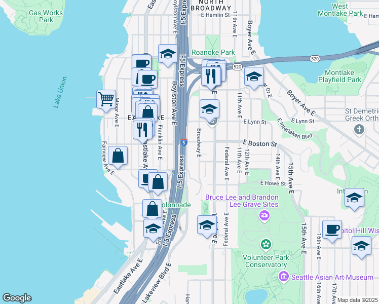 map of restaurants, bars, coffee shops, grocery stores, and more near in Seattle