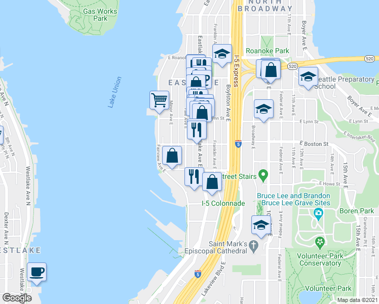 map of restaurants, bars, coffee shops, grocery stores, and more near 2201 Eastlake Avenue East in Seattle