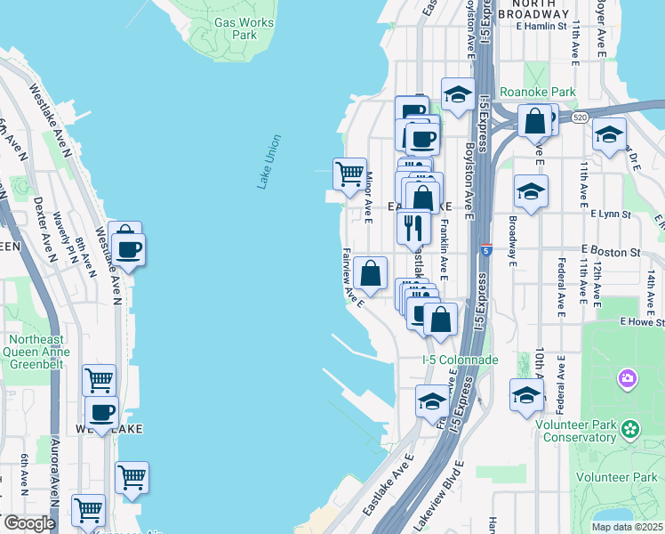 map of restaurants, bars, coffee shops, grocery stores, and more near 58 East Boston Street in Seattle