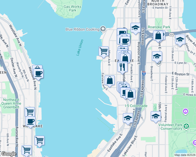 map of restaurants, bars, coffee shops, grocery stores, and more near 58 East Boston Street in Seattle