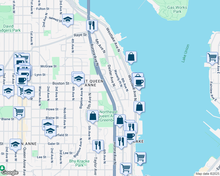 map of restaurants, bars, coffee shops, grocery stores, and more near 2137 Dexter Avenue North in Seattle