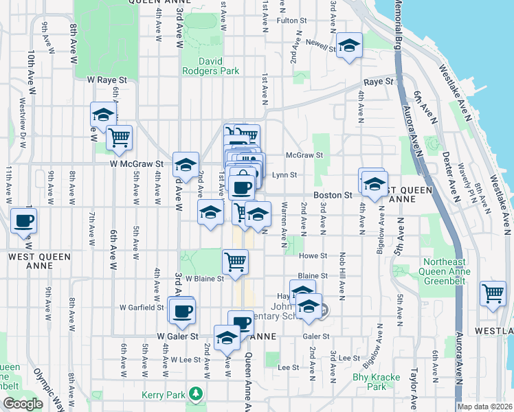 map of restaurants, bars, coffee shops, grocery stores, and more near 8 Boston Street in Seattle