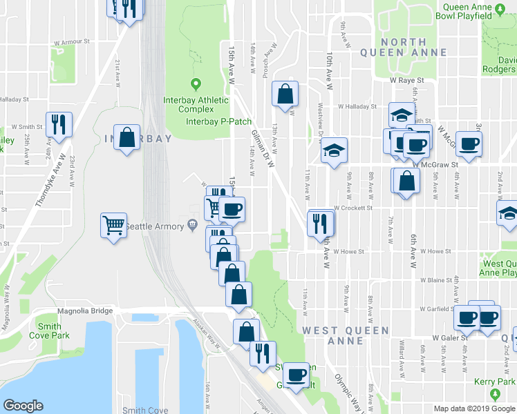map of restaurants, bars, coffee shops, grocery stores, and more near 2060 14th Avenue West in Seattle
