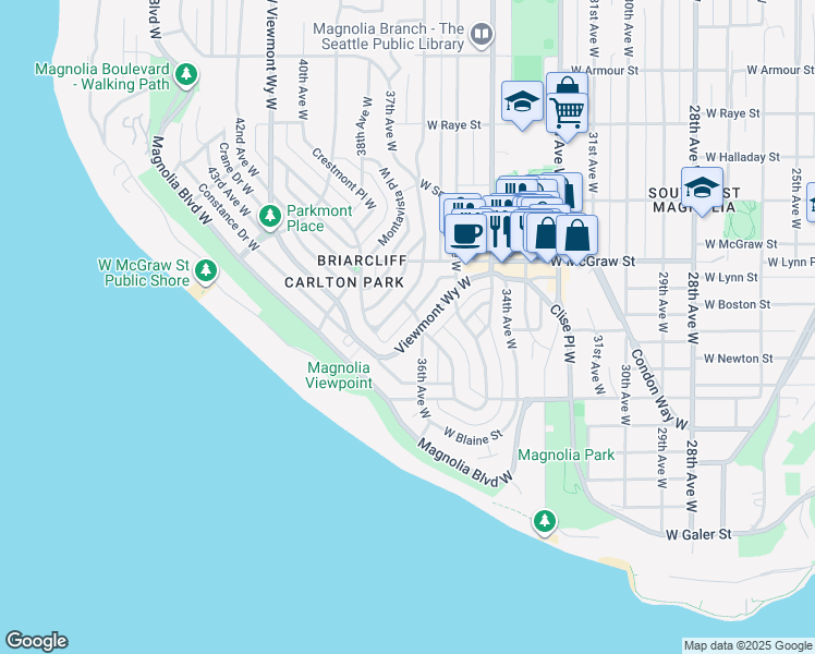 map of restaurants, bars, coffee shops, grocery stores, and more near 2303 Eastmont Way West in Seattle