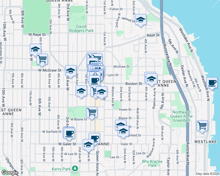 map of restaurants, bars, coffee shops, grocery stores, and more near 100 Crockett Street in Seattle