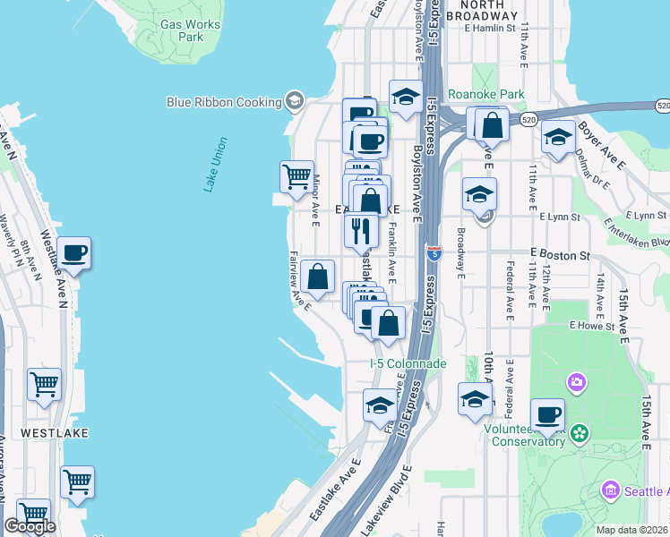 map of restaurants, bars, coffee shops, grocery stores, and more near 2037 Yale Avenue East in Seattle