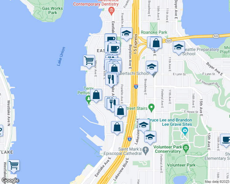 map of restaurants, bars, coffee shops, grocery stores, and more near 2038 Eastlake Avenue East in Seattle