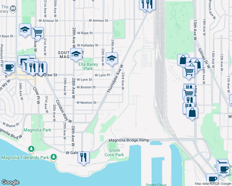 map of restaurants, bars, coffee shops, grocery stores, and more near 2322 West Crockett Street in Seattle