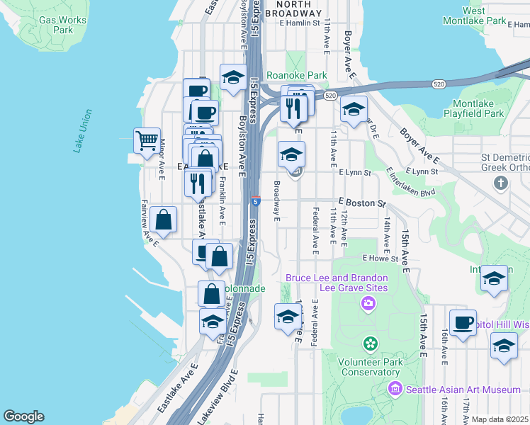 map of restaurants, bars, coffee shops, grocery stores, and more near in Seattle