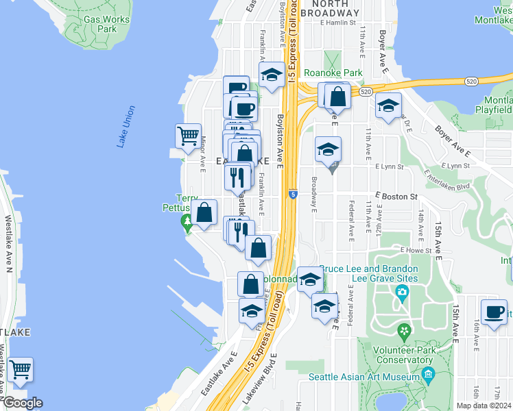 map of restaurants, bars, coffee shops, grocery stores, and more near 218 East Boston Street in Seattle