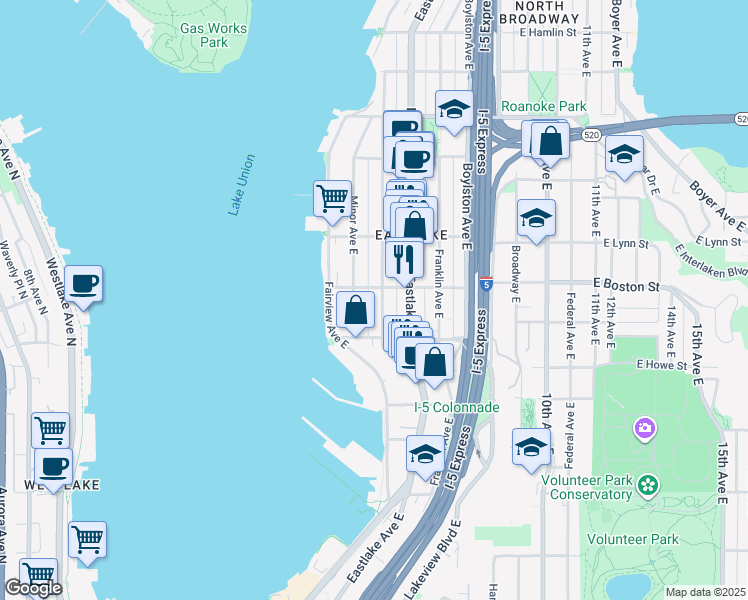 map of restaurants, bars, coffee shops, grocery stores, and more near 2200 Minor Avenue East in Seattle