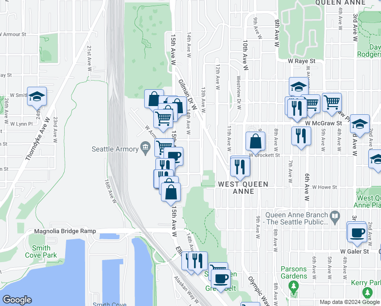 map of restaurants, bars, coffee shops, grocery stores, and more near 2060 14th Avenue West in Seattle