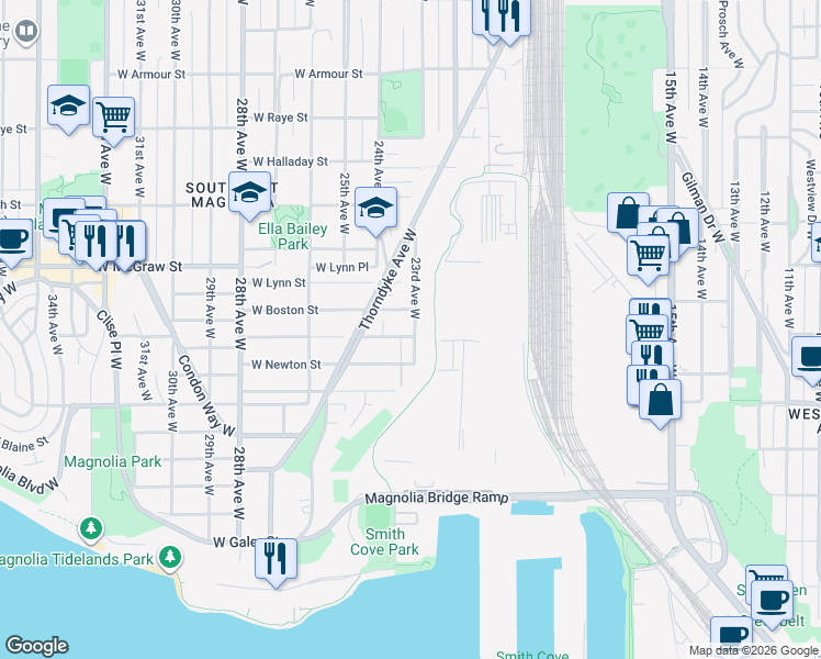 map of restaurants, bars, coffee shops, grocery stores, and more near 2302 West Boston Street in Seattle