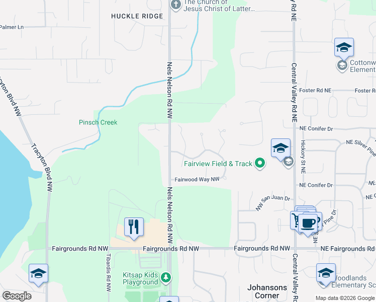 map of restaurants, bars, coffee shops, grocery stores, and more near 8226 Lariat Trail Northwest in Bremerton