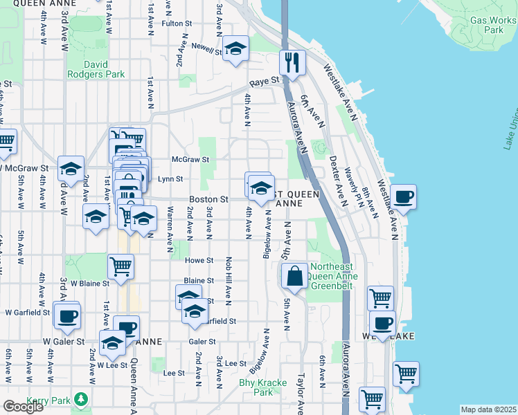 map of restaurants, bars, coffee shops, grocery stores, and more near 411 Boston Street in Seattle
