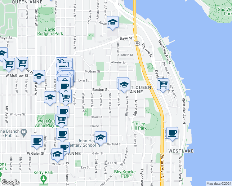 map of restaurants, bars, coffee shops, grocery stores, and more near 2117 4th Avenue North in Seattle
