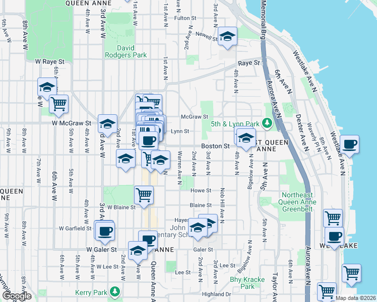 map of restaurants, bars, coffee shops, grocery stores, and more near 2127 2nd Avenue North in Seattle