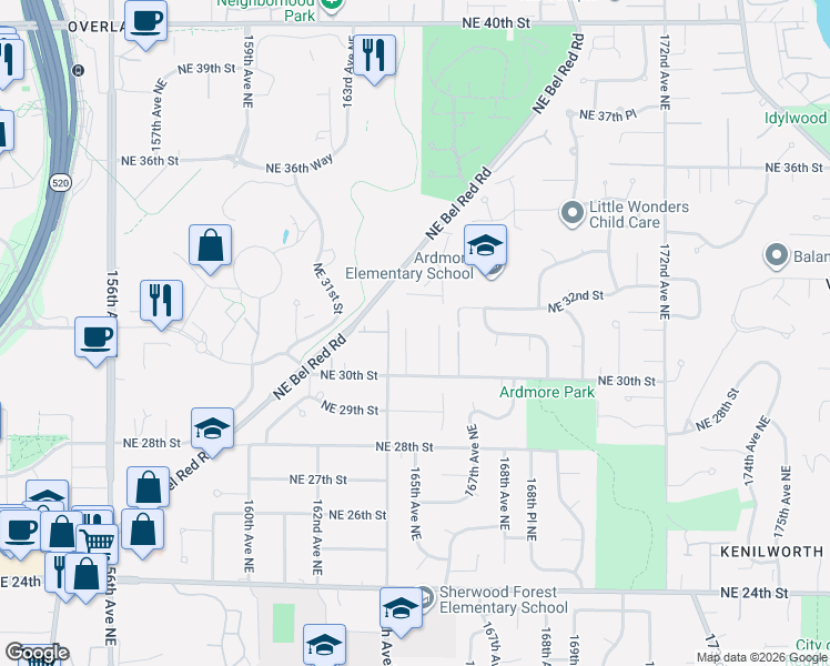map of restaurants, bars, coffee shops, grocery stores, and more near 3049 164th Place Northeast in Bellevue