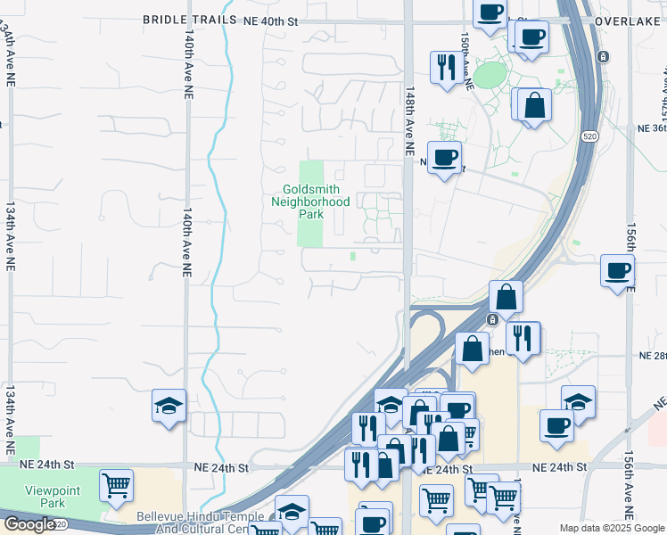 map of restaurants, bars, coffee shops, grocery stores, and more near 14555 Northeast 32nd Street in Bellevue