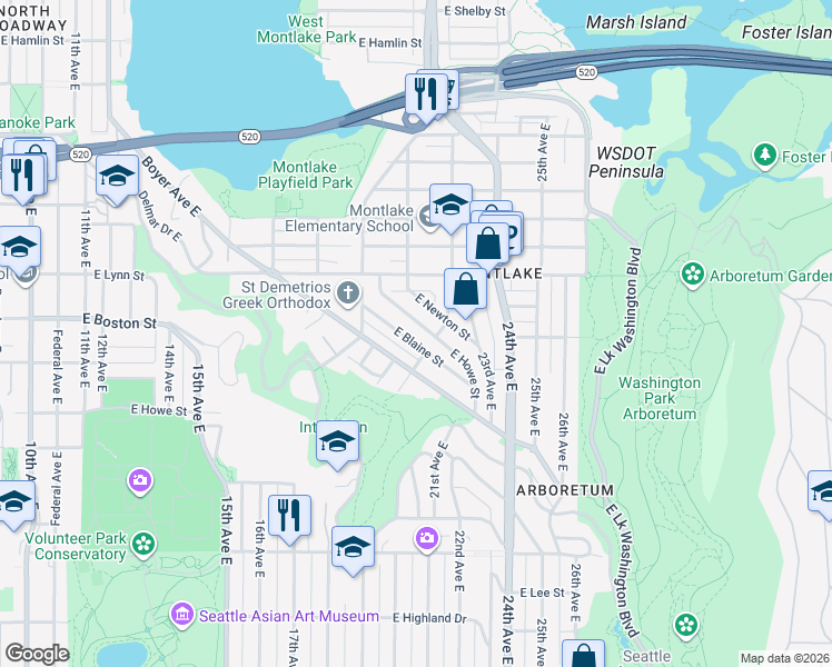 map of restaurants, bars, coffee shops, grocery stores, and more near 2025 East Newton Street in Seattle