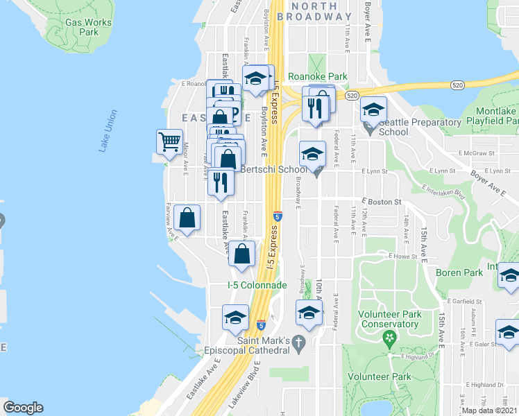 map of restaurants, bars, coffee shops, grocery stores, and more near 268 East Boston Street in Seattle