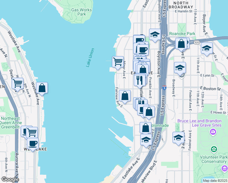 map of restaurants, bars, coffee shops, grocery stores, and more near 58 East Boston Street in Seattle