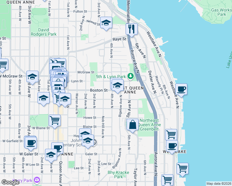 map of restaurants, bars, coffee shops, grocery stores, and more near 408 Boston Street in Seattle
