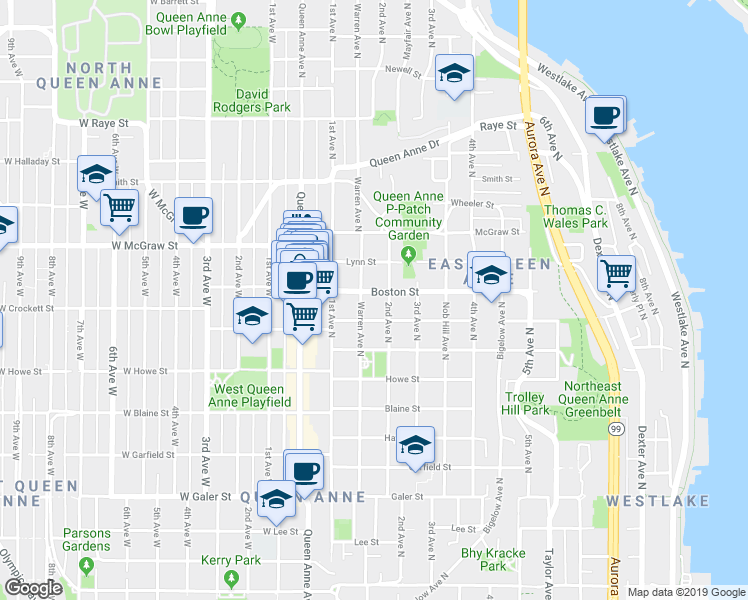 map of restaurants, bars, coffee shops, grocery stores, and more near 168 Boston Street in Seattle