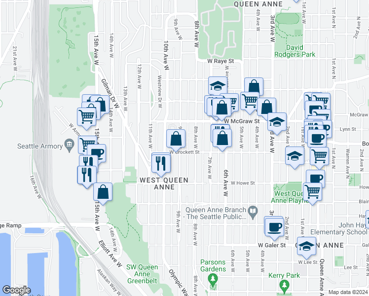 map of restaurants, bars, coffee shops, grocery stores, and more near 2126 9th Avenue West in Seattle