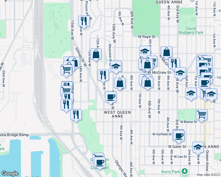 map of restaurants, bars, coffee shops, grocery stores, and more near 2126 10th Avenue West in Seattle