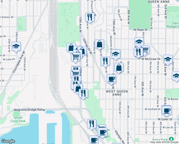 map of restaurants, bars, coffee shops, grocery stores, and more near 2060 14th Avenue West in Seattle