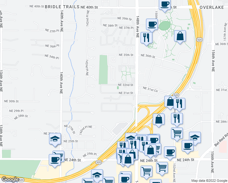 map of restaurants, bars, coffee shops, grocery stores, and more near 14555 Northeast 32nd Street in Bellevue