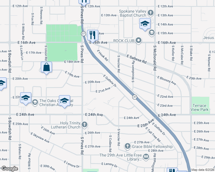 map of restaurants, bars, coffee shops, grocery stores, and more near 12607 East Guthrie Drive in Spokane Valley