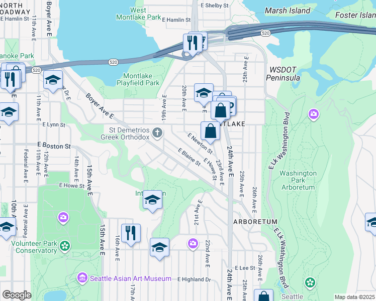 map of restaurants, bars, coffee shops, grocery stores, and more near 2025 East Newton Street in Seattle