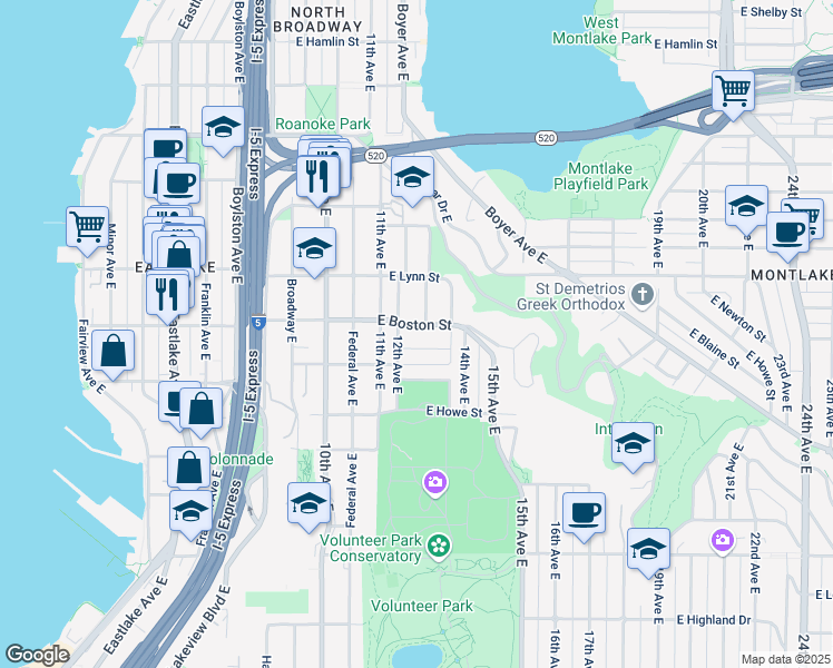 map of restaurants, bars, coffee shops, grocery stores, and more near 1300 East Boston Street in Seattle