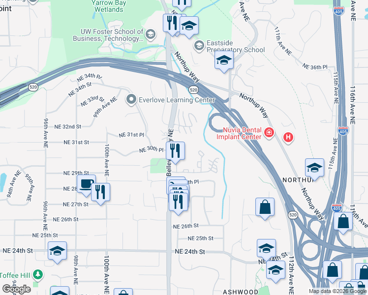map of restaurants, bars, coffee shops, grocery stores, and more near 3040 Bellevue Way Northeast in Bellevue