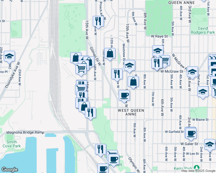map of restaurants, bars, coffee shops, grocery stores, and more near 1965 12th Avenue West in Seattle