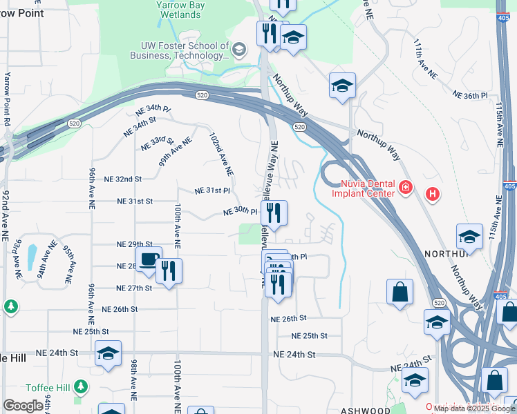 map of restaurants, bars, coffee shops, grocery stores, and more near 3039 Bellevue Way Northeast in Bellevue
