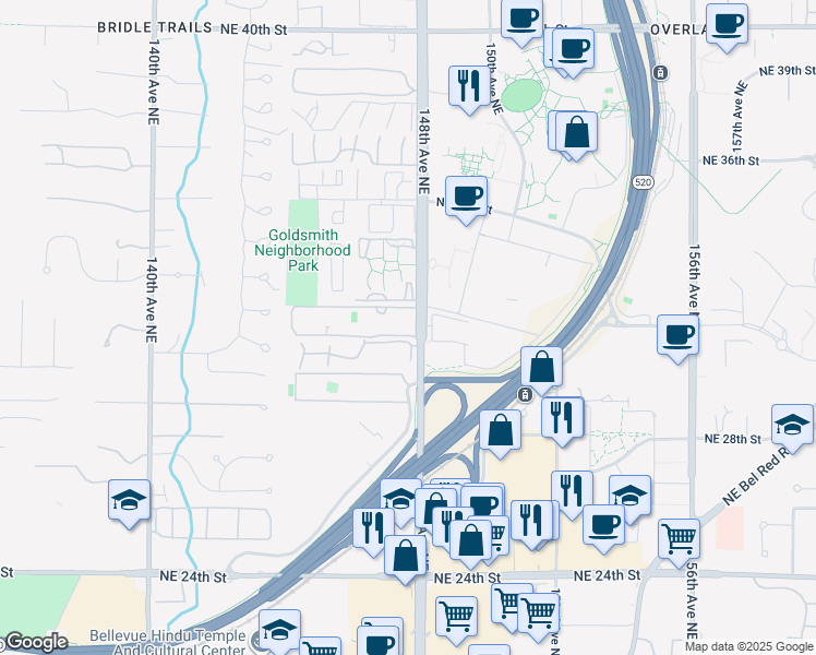 map of restaurants, bars, coffee shops, grocery stores, and more near 14760 Northeast 31st Street in Bellevue