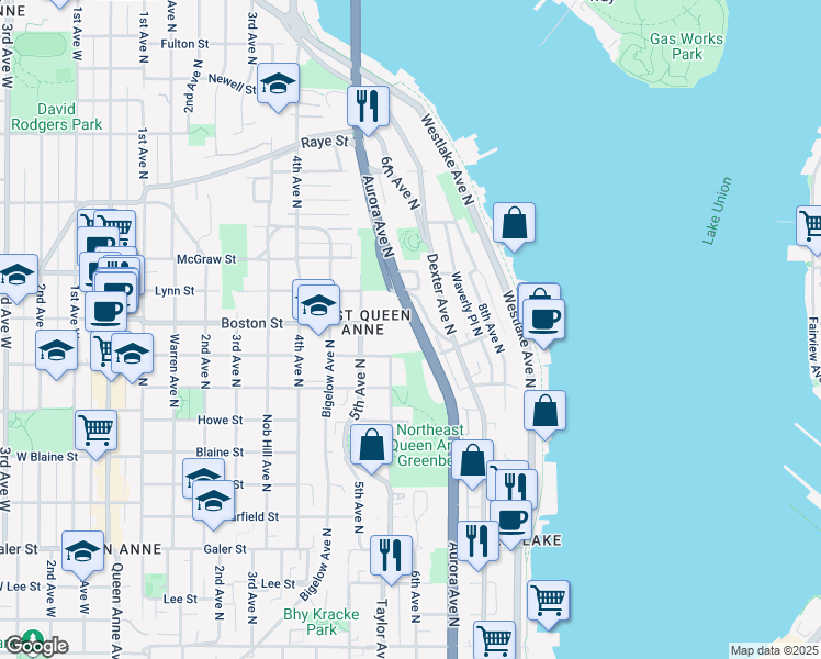 map of restaurants, bars, coffee shops, grocery stores, and more near 2137 Dexter Avenue North in Seattle