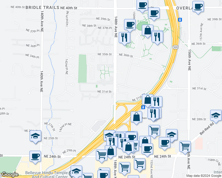 map of restaurants, bars, coffee shops, grocery stores, and more near 14779 Northeast 32nd Street in Bellevue