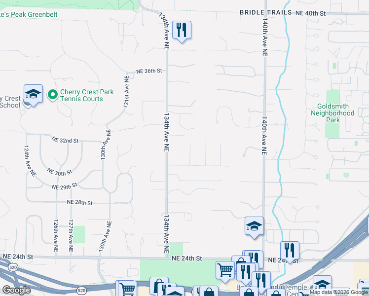 map of restaurants, bars, coffee shops, grocery stores, and more near 3058 135th Avenue Northeast in Bellevue