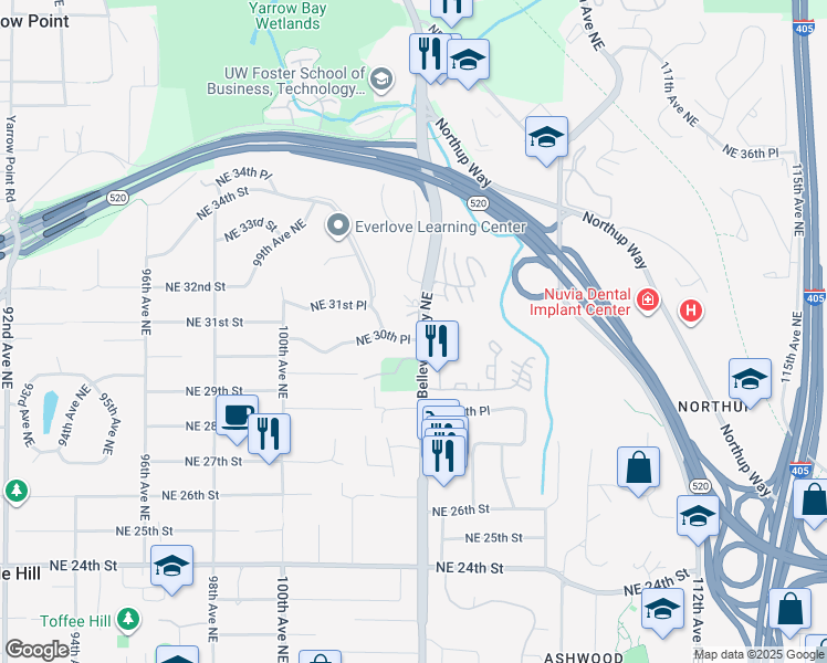 map of restaurants, bars, coffee shops, grocery stores, and more near 3039 Bellevue Way Northeast in Bellevue